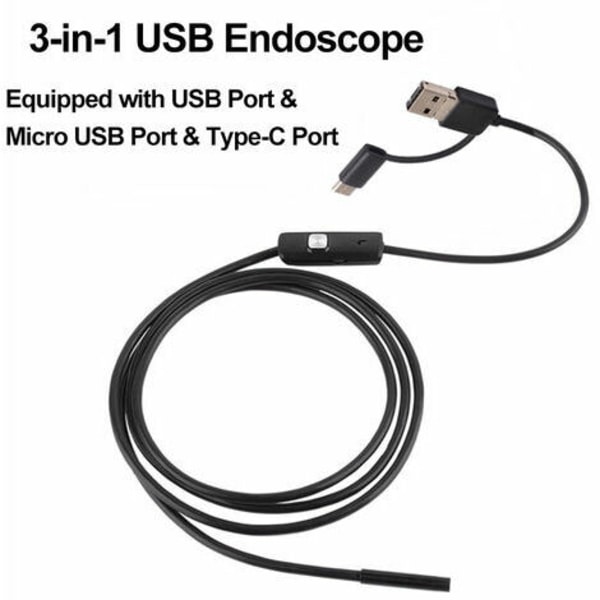 Industriellt endoskop 3-i-1 Inbyggd 6 lysdioder IP67 Vattentät USB Type-C för Android-smartphones/PC, 7 mm sond 1 m flexibel