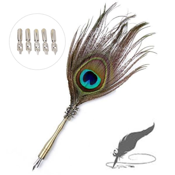 Peacock Feather Quill Pen Set - Kalligrafi skrivbläck med brevpapper Presentförpackning (inkluderar 5 spetsar)