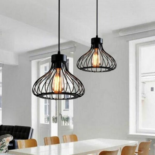 2x Vintage Retro Metal Industrial Cage Pendellampa Ø23cm, Ljuskrona Skärm Edison Lamps E27 Base - Svart