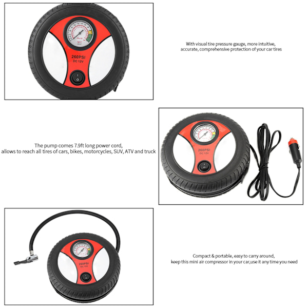 12V Bærbar Luftkompressor for Bil med Visuell Dekktrykksmåler for Motorsykler og Sykler
