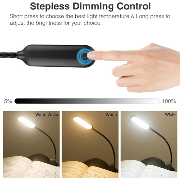 Genopladeligt læselys, 12 LED-læselyslampe med 3 lystilstande 360° Trinløs dæmpning Fleksibel halsaflæsning