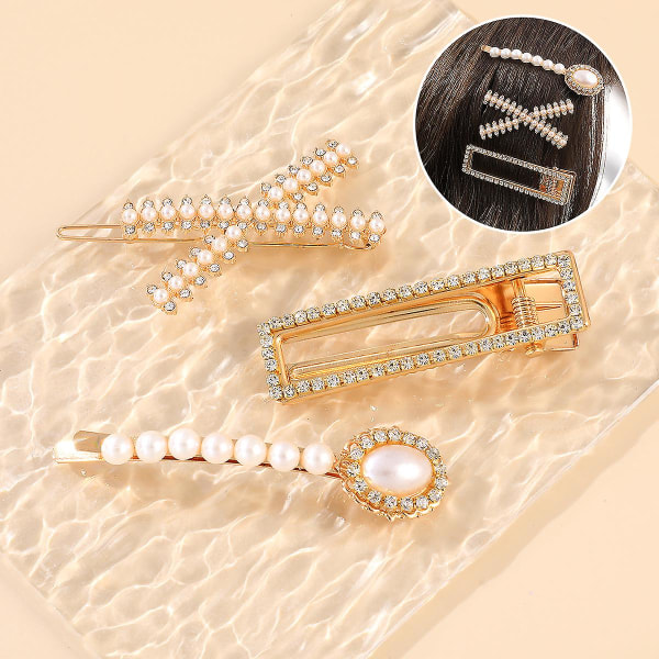 Pakke med 3 kunstige perle- og rhinsten-hårklemmer Old-school Flat Bangs Pin