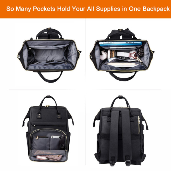 Laptop rygsæk til kvinder Mode rejsetasker Business Computer arbejdstaske med USB port, sort, 14 tommer