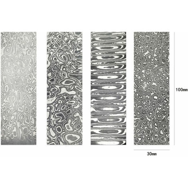 Damaskusstål, spændestålplademateriale, mønsterstålmateriale, hærdet og fladt underlag, to spiraltyper - to s