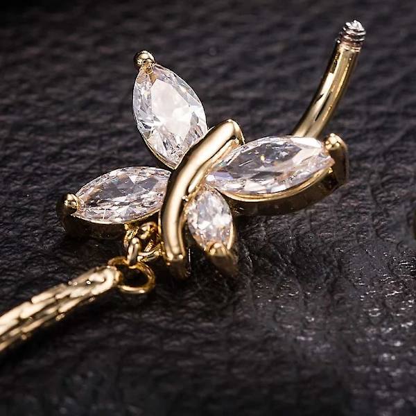 Chic Butterfly Piercings Smycken Dam Sexig navelring Lång tofs Stång Guld Dangle Body