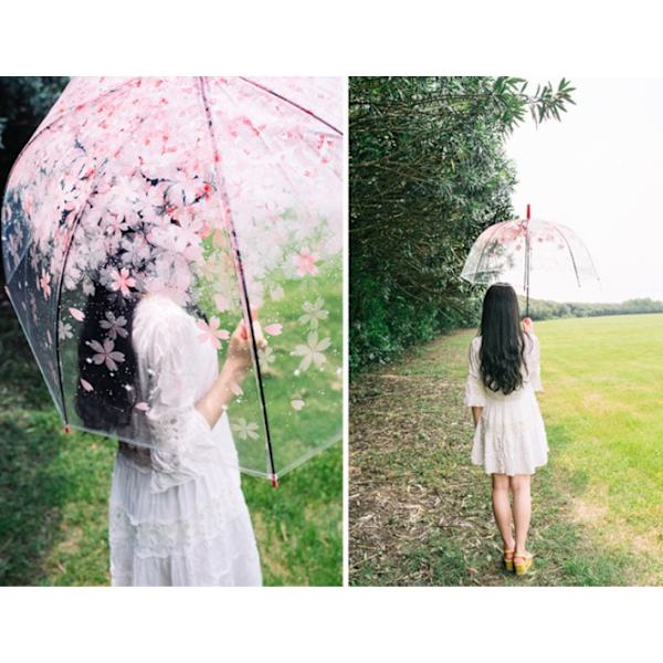 Klar paraply Kirsebærblomster Langt håndtag Klar paraply piger Blomsterprint Langt håndtag Paraply buet håndtag Paraply Klar Cherry Blossom paraply