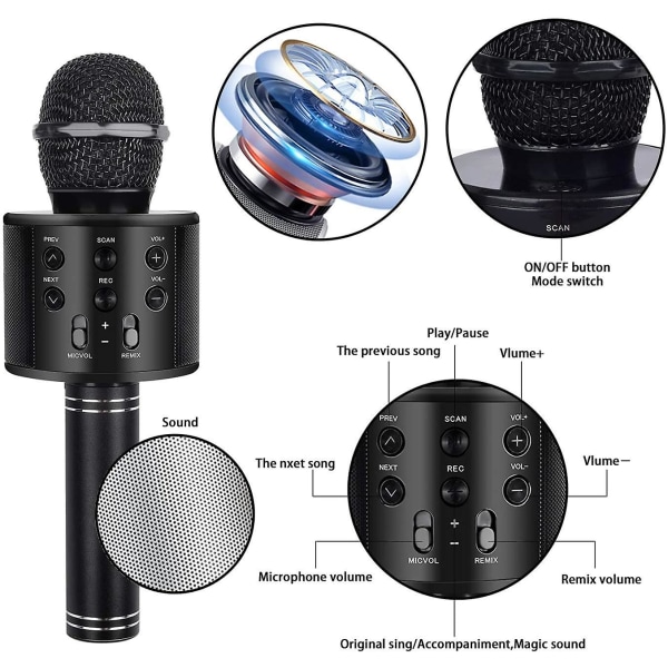 Mikrofon, Trådløs Bluetooth Karaoke Mikrofon Børn, Bærbar 4-i-1 håndholdt mikrofonmaskine, Ktv-afspiller til hjemmet med højttaler og optager Black