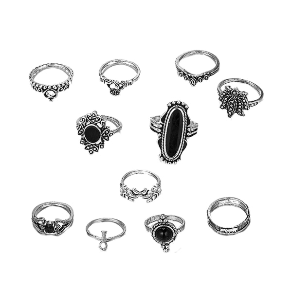 11 kpl / set Sydän Pinottavat rystyssormukset metalliseos Bohemia Black Faux Gem Sormukset Korutarvike