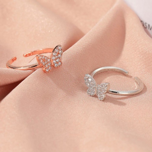 Tyylikäs naisten perhonen muotoinen aukkomuotoinen tekojalokivi, säädettävä sormuskoru Rose Gold