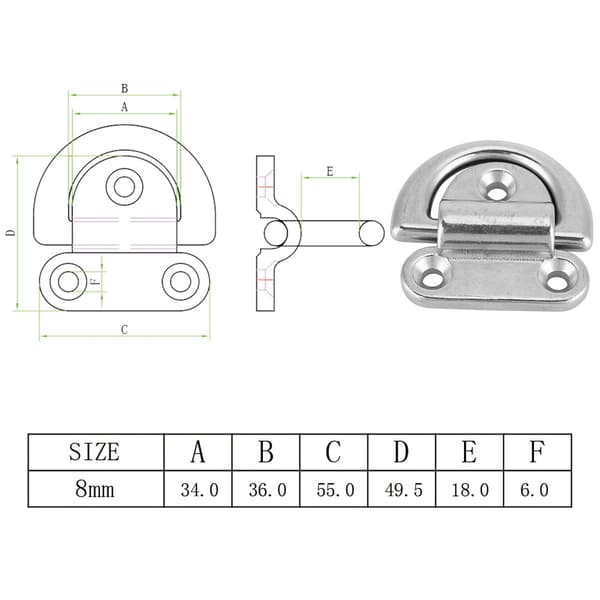 316 Rustfritt Stål Båt Sammenleggbar Pad Eye D Ring Festekloss 8mm 4 Stk