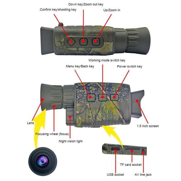 Nattevisionsmonokular 1,5x skærm IR-sensor 36MP multifunktionel enhed