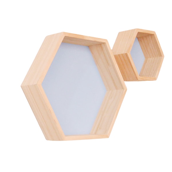 Massivt trä vägghylla display hylla, honeycomb hexagonal form (stor + liten, blå)