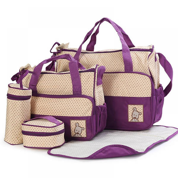 Viisiosainen Mummy Bag vaippalaukku Monitoiminen matka-vedenpitävä muumiolaukku, äitiyslaukut, joissa on suuri kapasiteetti ja useita taskuja A916-01 Purple