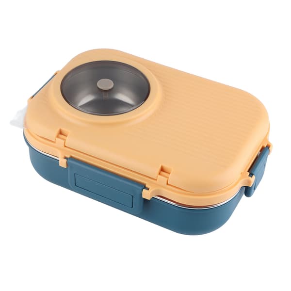 1100ml Termisk Madkasse med Dobbelt Lag og 3-Ruds Design - 304 Rustfrit Stål Bento Box (Blå/Gul)