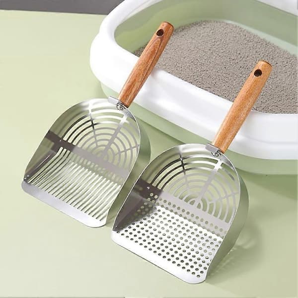 Kattespade i rustfritt stål, solid avfallsskuffe med trehåndtak for katter og hunder Round Hole