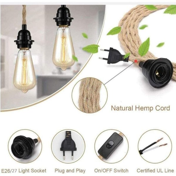 Vintage Hamp Rep Pendel Light Kit med strömbrytare, DIY E27 Single Head Hängande Kabel sladd, Golden Brons