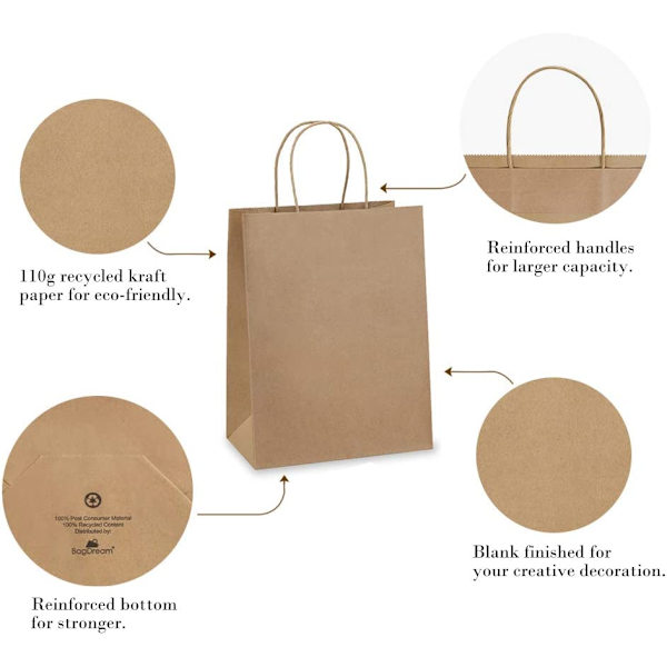 Paperikassit 8x4,75x10,5 100 kpl BagDream lahjakassit, ostoskassit, voimapaperikassit, vähittäismyyntikassit, juhlakassit, ruskea paperi