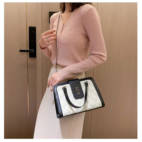 Crossbody Singel Axelväska Rhombus Gitter Rektangel Handväska Med Rem För Kvinnor Svart Vit