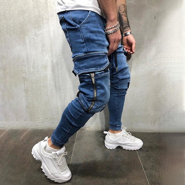 Enfärgade jeans med dragsko för män med dragkedja Skinny byxor Blue M