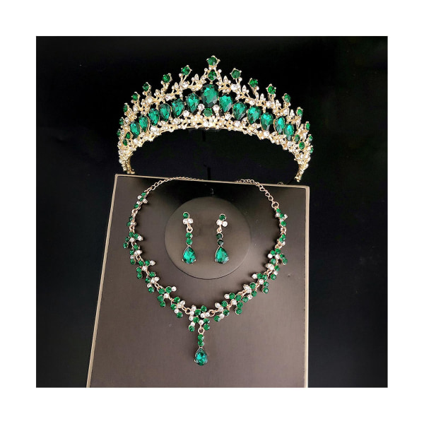 Bryllup brude tiaraer krone sæt med øreringe sæt & halslak håndlavet luksus krystal hårtilbehør Green