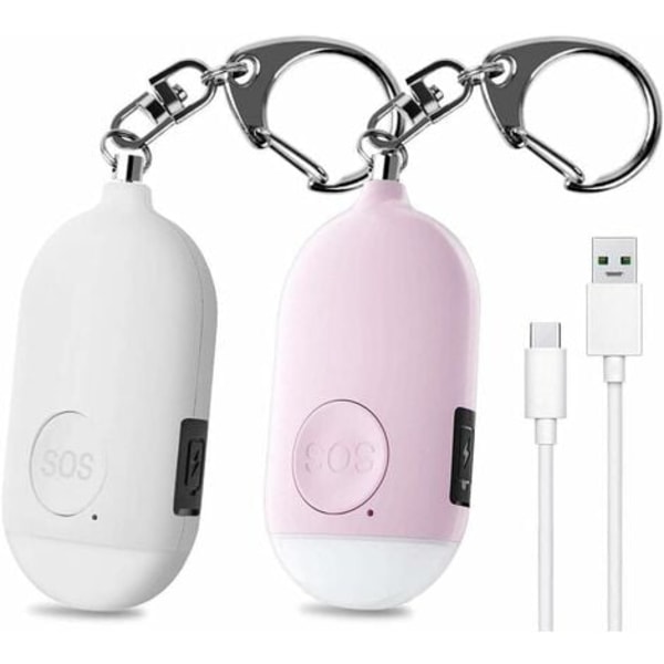 2 stykker 130 DB personlig nødalarm, genopladelig sikkerhedsalarm med LED lommelygte tyverialarm, til kvinder, børn, ældre eventyrer – pin