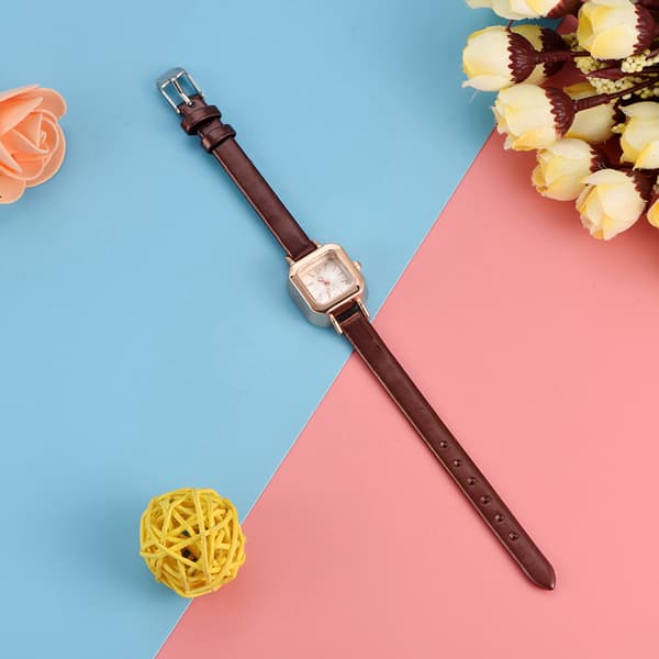 Brun Quartz Analog Dameklokke med PU-lærreim