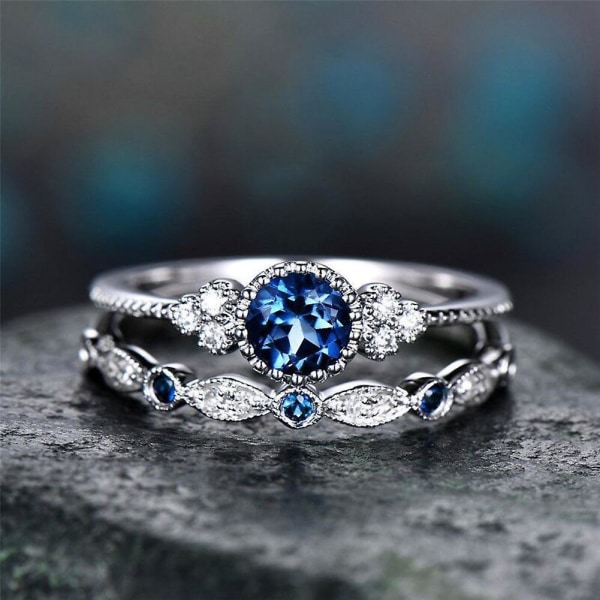 2 stk/sæt Kvinder Cubic Zirconia Indlagt Stabelbar Fingerring Bryllupssmykker gave Lake Blue US 9