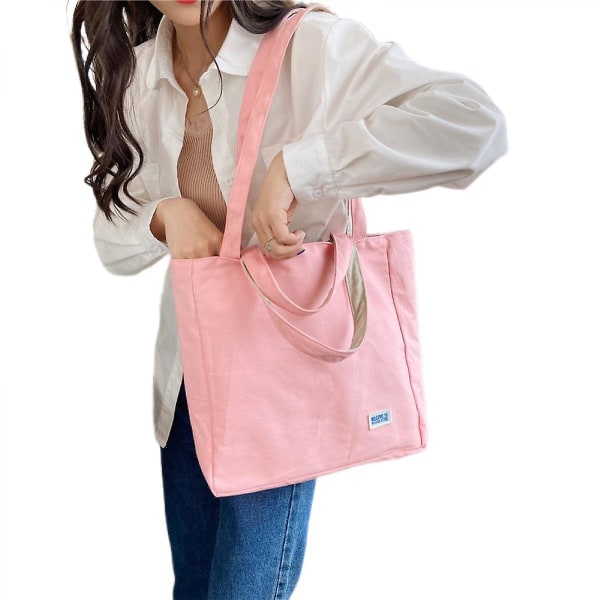 Enkel rutig axelväska Student Kvinnlig Fritid Dubbel-purpose Canvas Bag Casual Shopping Tote Rosa)