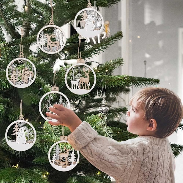 6 stykker hvid juletræspynt, Winter Wonderland-dekoration, rustik 3D trægårds-julepynt