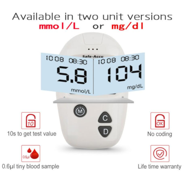 Automaattinen verensokerimittari ilman talokoodia (mmol/l isäntä + 50 testiliuskaa + 50 neulaa)