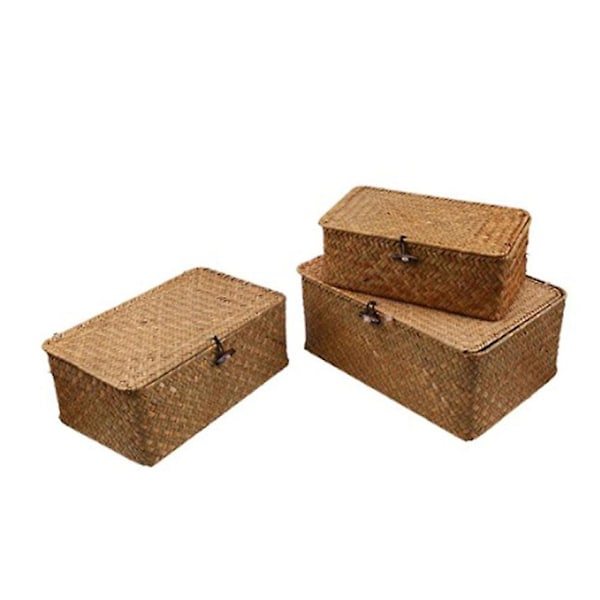 Vävd flätad korg med lock Seagrass Tvättservice Rotting Organizer Box för badrum Vardagsrum Kök