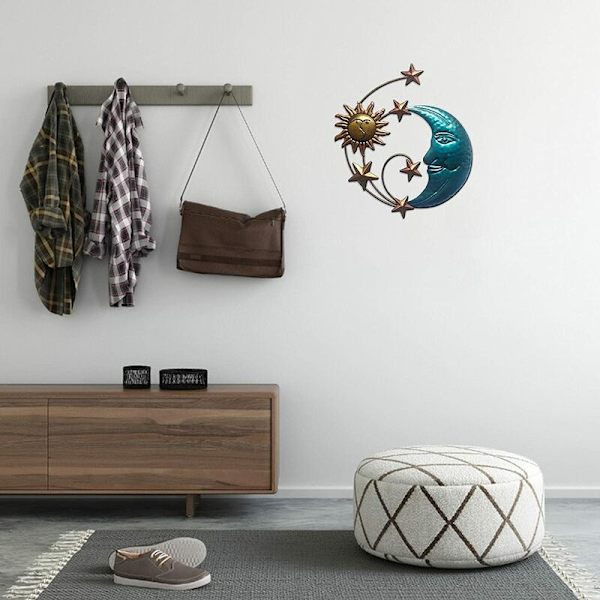 Kunstnerisk metal sol- og månevægkunst, antik finish, blå