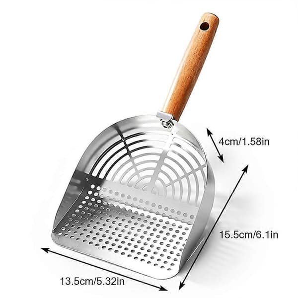 Kattespade i rustfritt stål, solid avfallsskuffe med trehåndtak for katter og hunder Round Hole