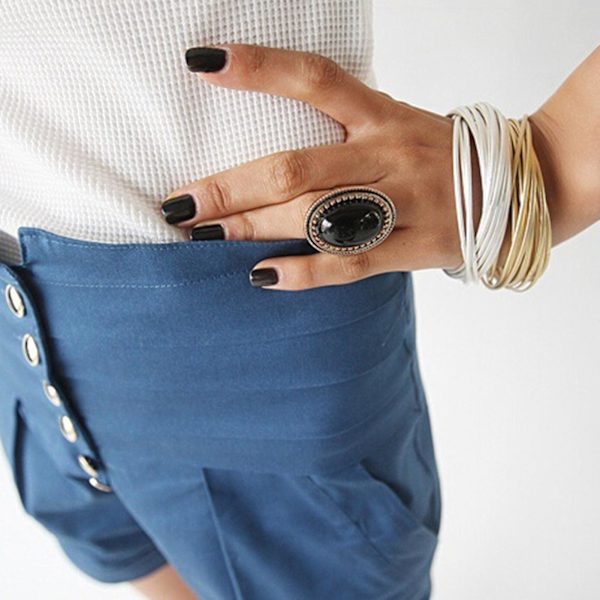 Ring Justerbar Stor Oval Inlagd Legering Natural Gem Stone Ring För Dating White
