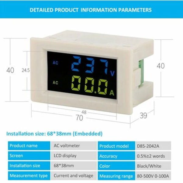 Dobbelt Amperemeter Til Voltmeter Med Liquid Crystal Display, Ac80-500V