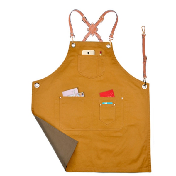 Mode denim forklæde, arbejdstøj forklæde (Kværbrunt bælte kanvas dobbeltsidet gul-brun),