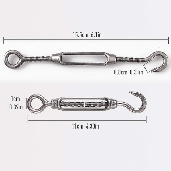 , M4 krog og øje, 304 rustfrit stål C til O spændespænde, spændekabel hardwaresæt, til solafskærmning, teltinstallation, rustfri, 6 stk.