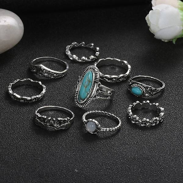 9 st/ set Kvinnor Retro Bohemian Faux Turkos Inläggningar Finger Ringar Smycken Present