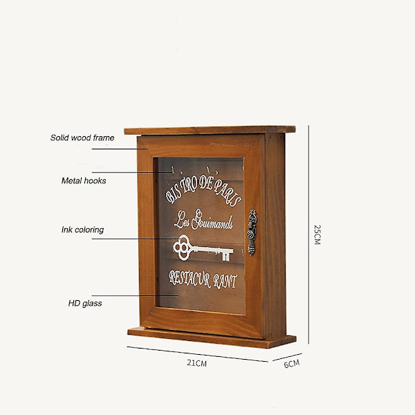 Nyckellåda i trä, Retro väggmonterat nyckelskåp med magnetisk dörr, hållbar ekologisk förvaring av massivt trä med 6 krokar, kreativ heminredningshållare