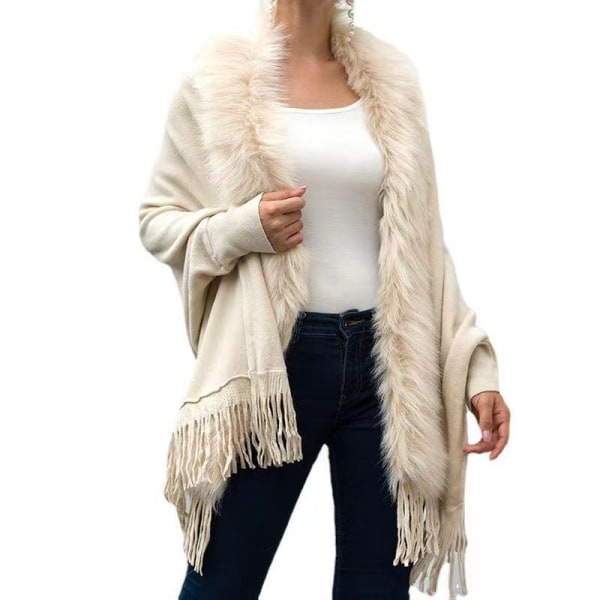 Plus size tofsstickad pälskrage sjalponcho för kvinnor beige