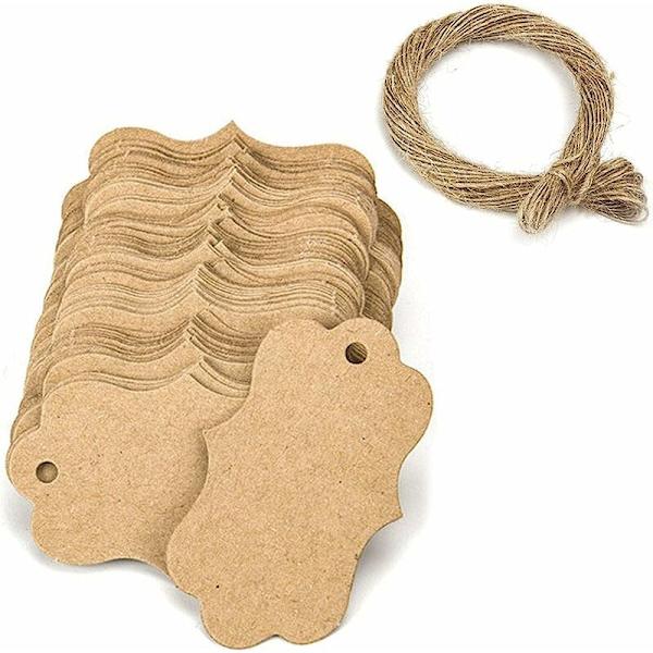 100 stk. Kraft-mærker Gavemærker 3x5 cm med jutesnor til bryllup, fødselsdag, valentinsdag, jul (Kraft)