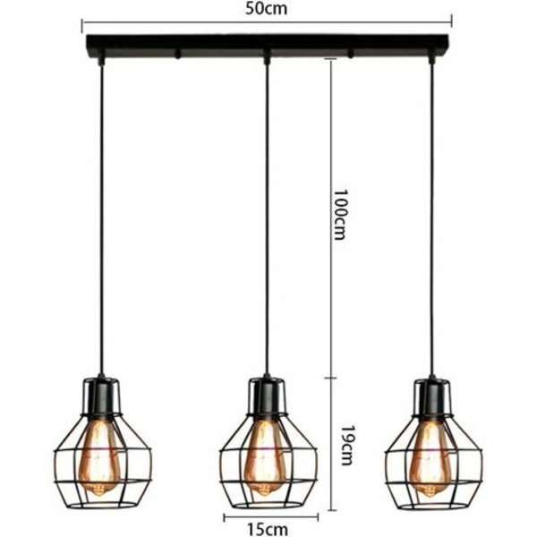 Industriel metal jernbur vedhæng lysekrone med 3 lysstang E27 sort
