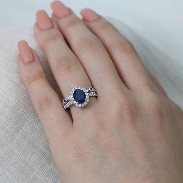 Naisten Faux Sapphire hopeoitu sormus morsian häät korut koristeena lahja US 10
