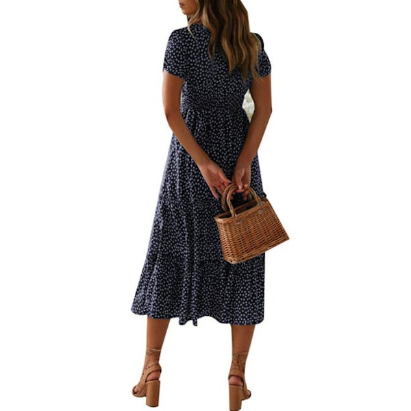 Hot kvinders korte ærmer blomsterprint sommer afslappet mellemlængde swing kjole Nauy Blue M