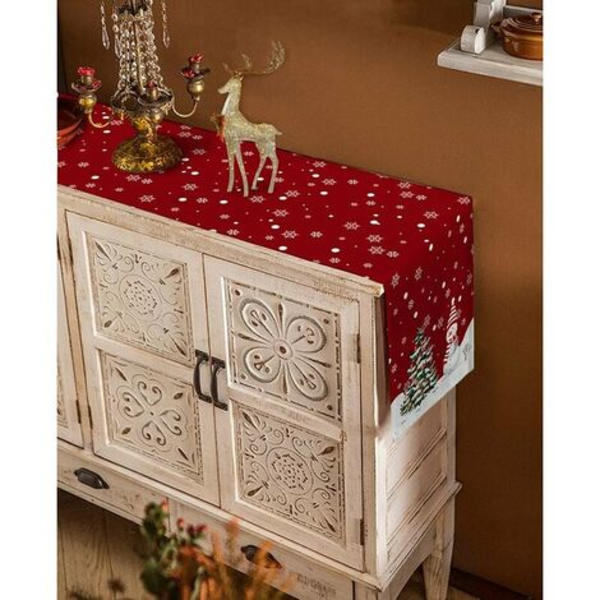 Glædelig jul bordløber 90 tommer lang vaskbar burlap linned bordsamling til spisning, fest, middag, ferie, C