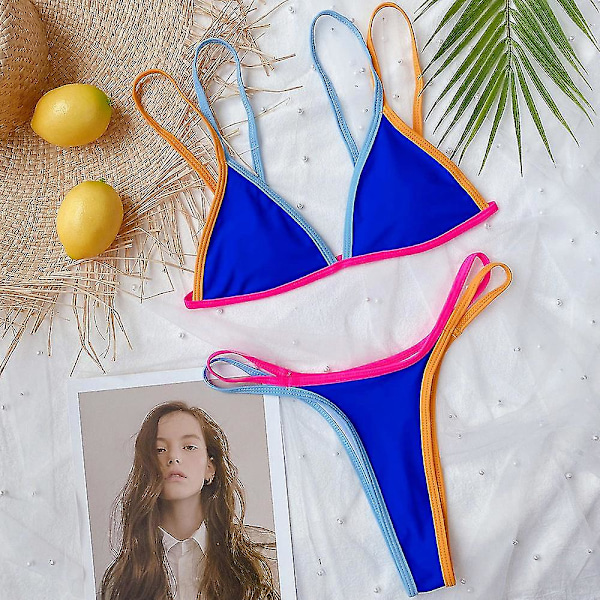 dam Color Block Baddräkt Bikini Set String sommar Beach Baddräkt Badkläder Blue M