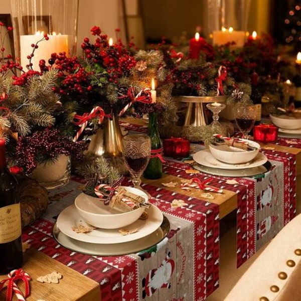 Joulupöytäjuoksu, maalaismainen punainen ruudullinen Joulupukin pöytäjalka syntymäpäiväjuhliin Juhlakeittiön ruokapöytä Koti D