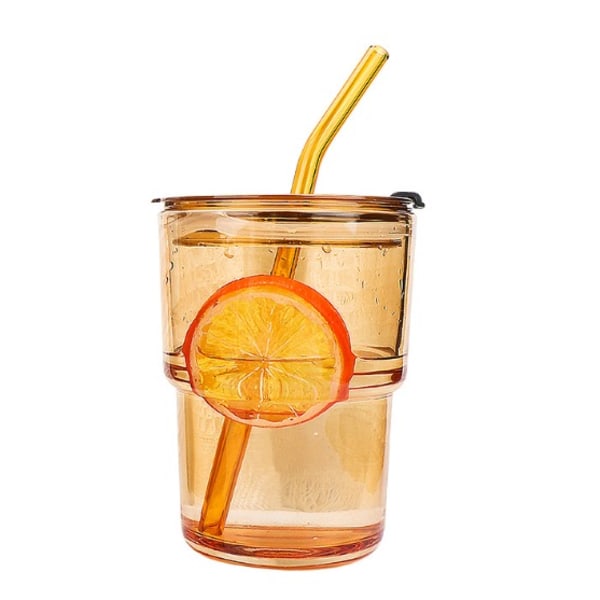 Retro kaffemugg i glas med halm Office tumbler (med bärnstensfärgad orange mugg) 400ml