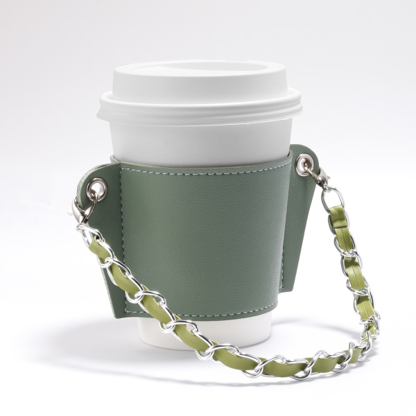 Kedja bärbar kaffekoppshållare, tygpåse för drycker i PU-läder, värmeisolering och bärbar hängande typ värmeisolerad kopphållare (grön),
