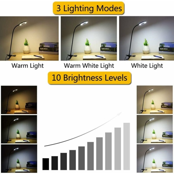 Sort Clip-on-læsebordslampe USB-bordslampe 10-niveau dæmpbar LED-bordslampe， Velegnet til sovesale, soveværelser, personlig spa